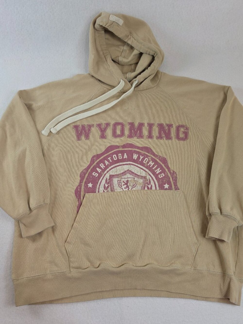 Saratoga Wyoming Graphic Hoodie Beige Pullover Sweatshirt L